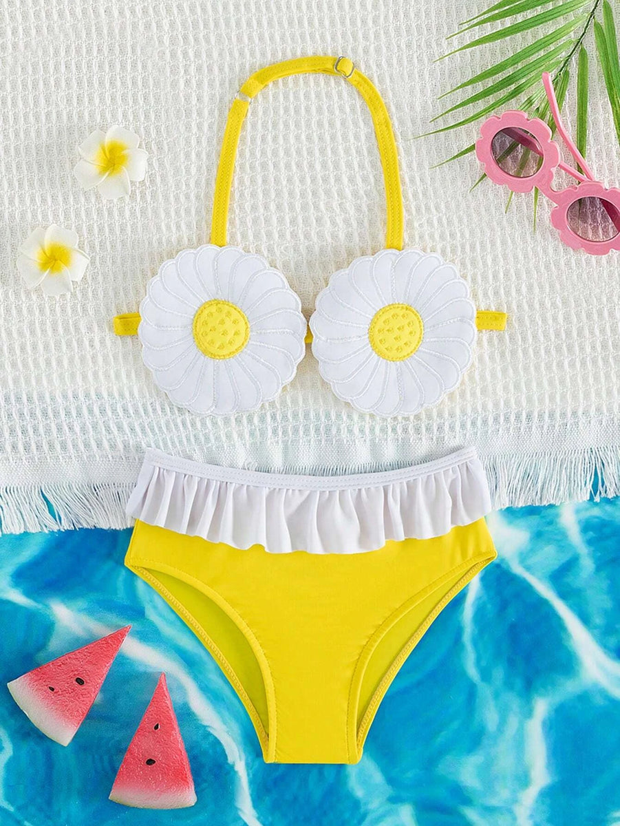 Maillot De Bain 3 Pièces Pour Fille - Top Halter Sans Manches + Bas Tanga + Jupe - Style Fleuri, Gainant