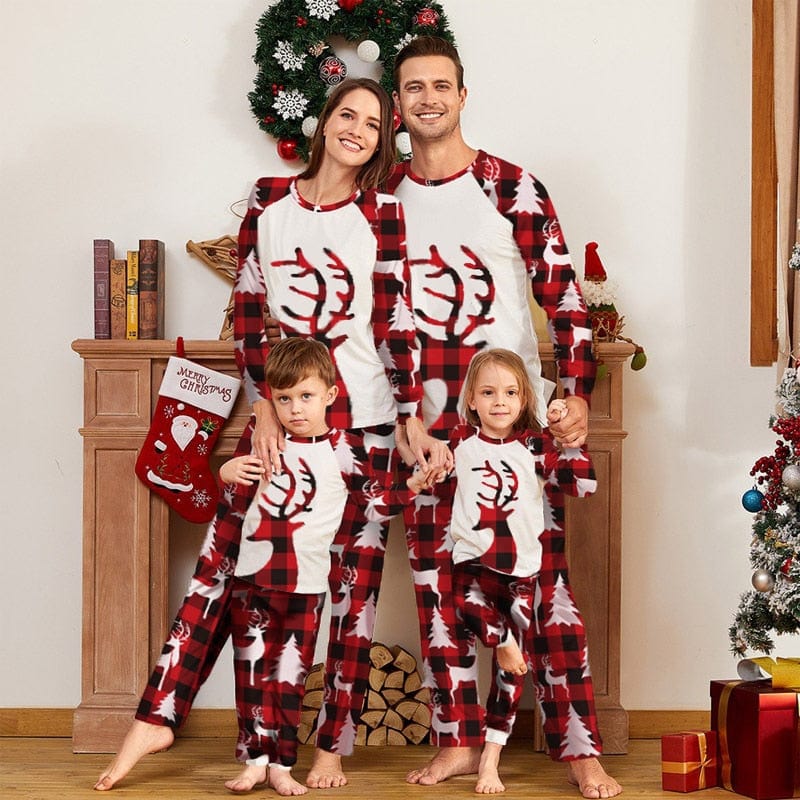 Pyjama Famille Noël - Ensemble Manches Longues + Pantalon Motif Rennes - Pour Hommes, Femmes, Enfants, Bébés - Coton Doux