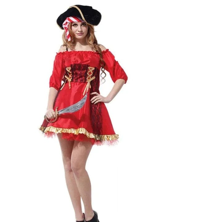 Déguisement Femme Pirate rayé rouge -  - 100% belge -  Déguisements - Tenues de Carnaval - Créations des Ballons - Fête Thématiques