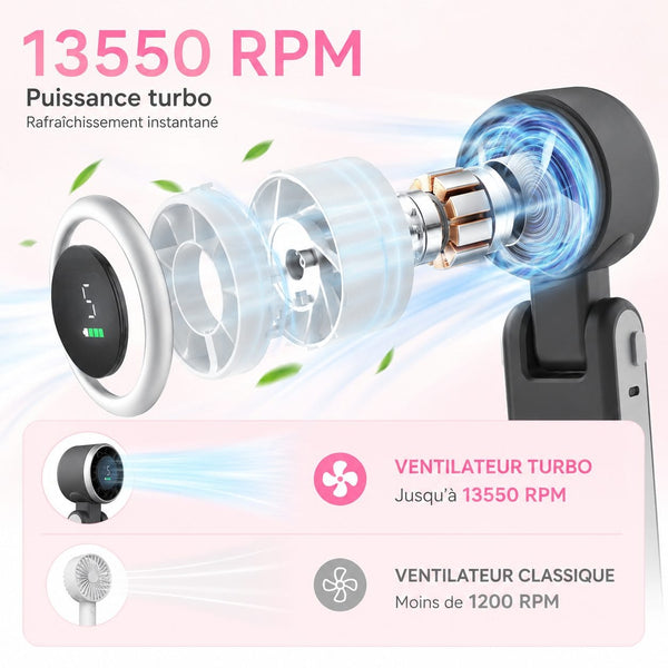 Ventilateur portable turbo en gros plan sur le moteur brushless