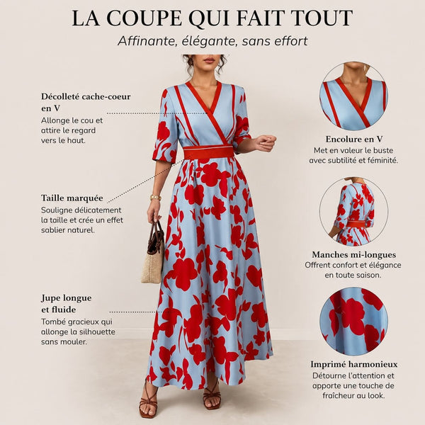 Robe longue fleurie coupe cache-coeur affinante