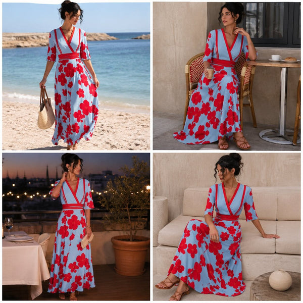 Robe longue fleurie portée en vacances