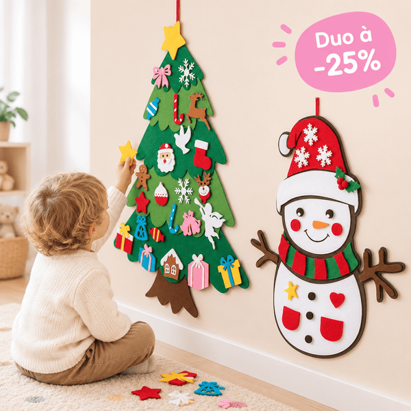 Duo sapin et bonhomme de neige Montessori avec enfant qui decore