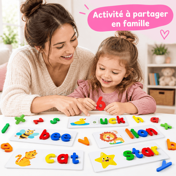 Parent et enfant jouant ensemble au jeu d'épellation en bois