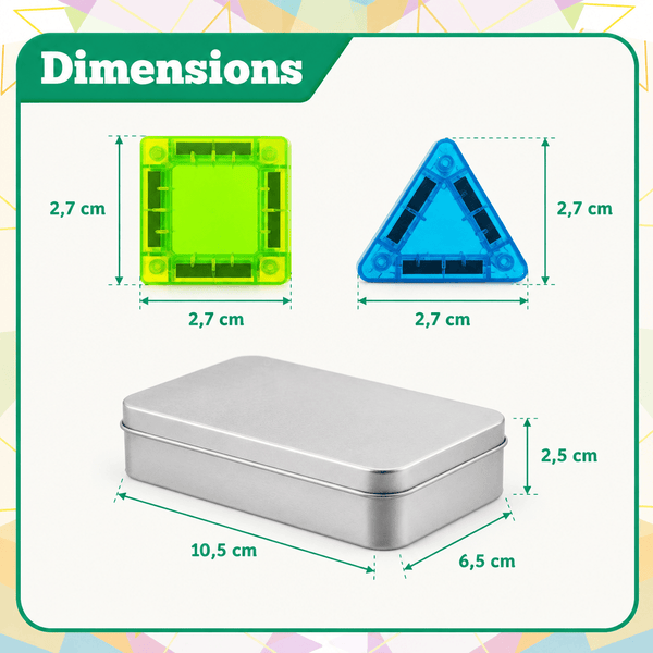 Dimensions des tuiles magnétiques et de la boîte de rangement