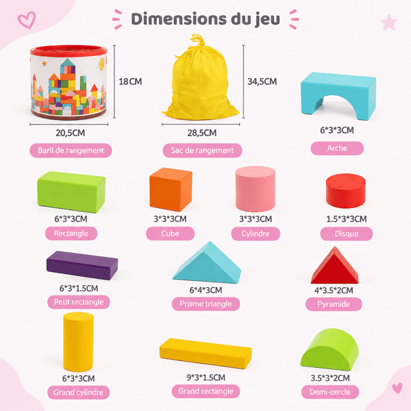 Dimensions du baril, du sac de rangement et des pièces en bois