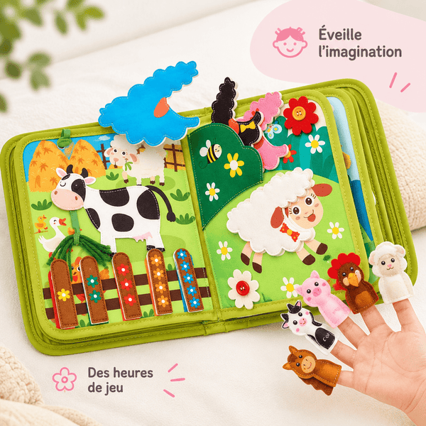 Moo le cahier d'éveil Montessori de la ferme, page ouverte avec marionnettes à doigt