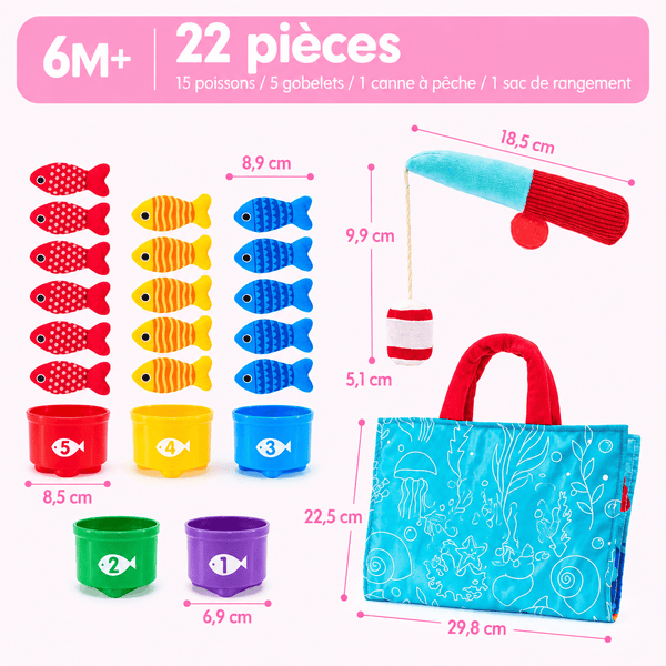 Dimensions des 22 pieces du jeu de peche Pesca