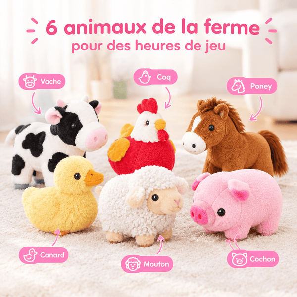 Les 6 animaux en peluche de la grange Toby, vache, cochon, mouton, canard, poney, coq