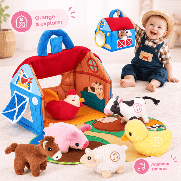 Toby la Grange Interactive, grange ouverte avec les 6 animaux et bébé souriant